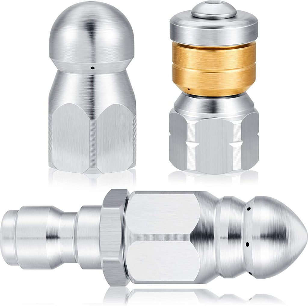 3 Pieces Sewer Jetter Nozzle Kit Rotating Button Nose Jet Nozzle Stainless Steel Fixed Jetting Nozzle with Different Model for 1/4 Inch Pressure Washer Accessories Quick Connector up to 5000 PSI