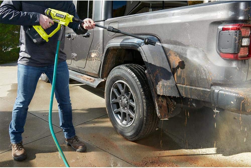 Cleaning car with Ryobi Pressure Washer